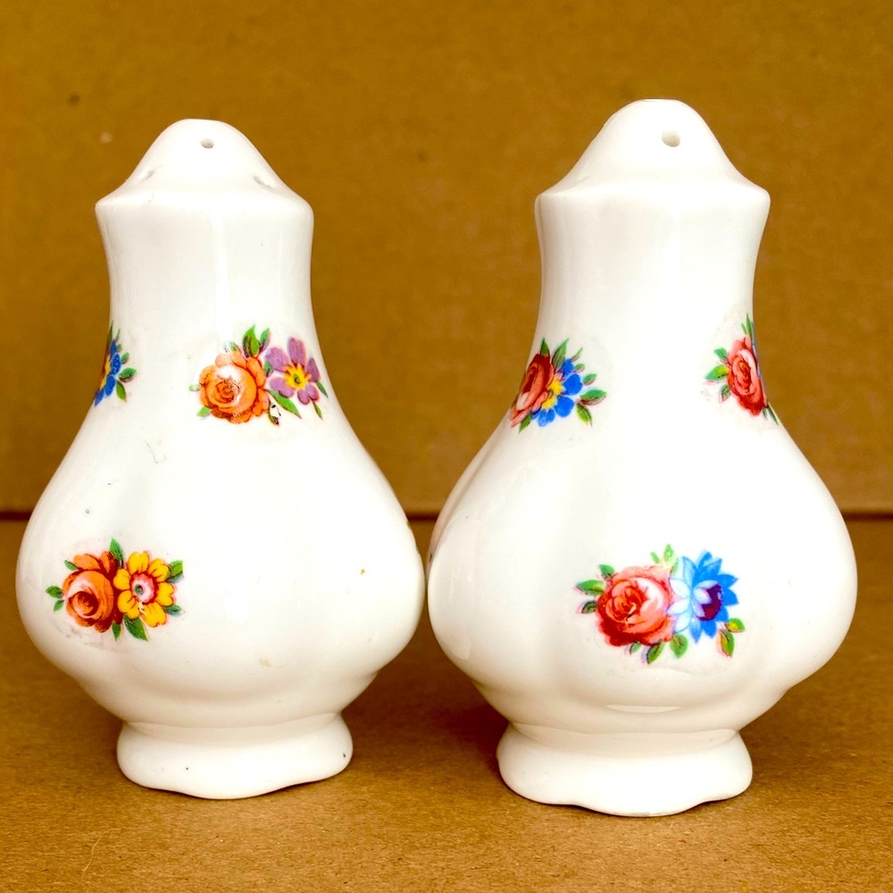White Porcelain Salt and Pepper Shakers with Rose Sprays